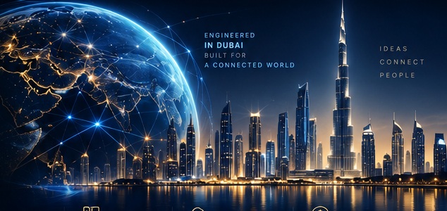 Connected digital globe beside the Dubai skyline and Burj Khalifa