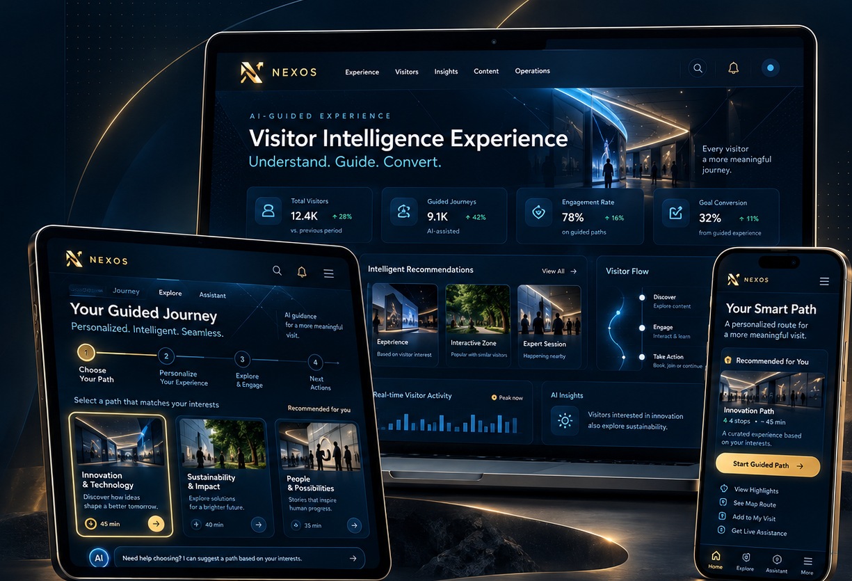 Reconstructed NEXOS AI-guided visitor experience shown on desktop, tablet and mobile