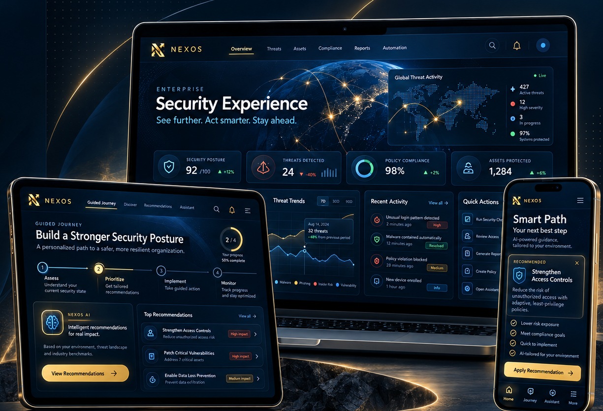 Reconstructed NEXOS enterprise cybersecurity experience shown on desktop, tablet and mobile
